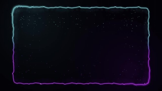 Glowing neon electric border frame with flickering plasma energy and starry background