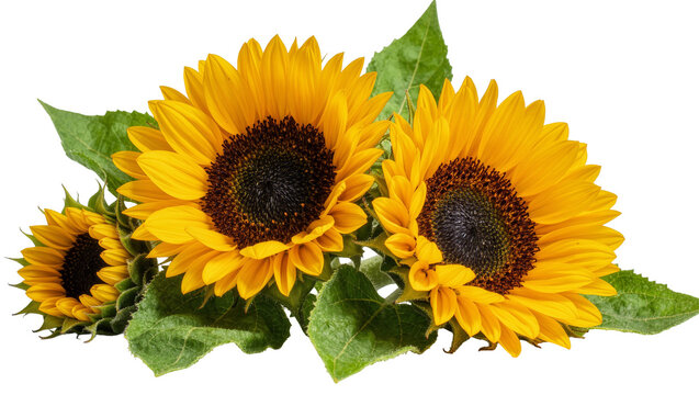 Three bright yellow sunflowers with green leaves, isolated on transparent background