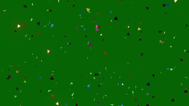 Colorful triangle confetti explosion and falling overlay on black background with green screen and alpha matte 