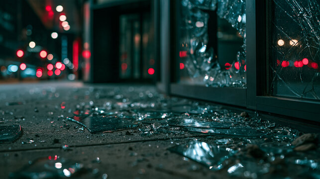 Shattered glass shards lie on the sidewalk by a broken store window at night. Concept of vandalism, crime, or urban destruction.