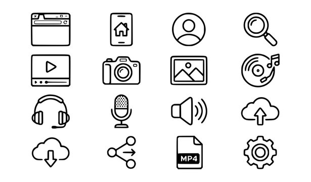 Multimedia app interface line icon set with browser, camera, music, headphones, microphone, cloud upload download and file sharing symbols for design