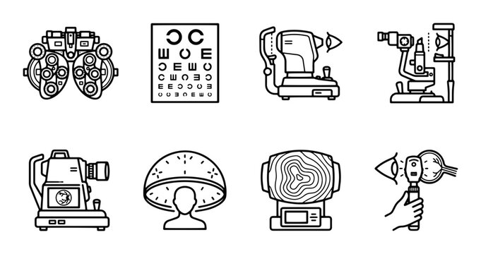 Ophthalmology Equipment Icons, Eye Care Medical Instruments, Optometry Clinic Vector Set
