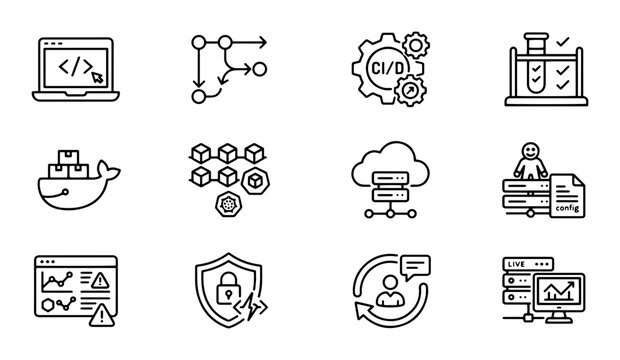 DevOps Icons Set, Software Development Workflow, CI CD Pipeline, Cloud Computing, Data Management