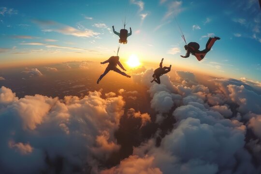 Skydiver with parachute makes heavenly adventure against on nature landscape