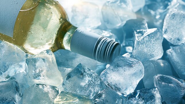 White wine bottle chilling in sparkling blue ice cubes, creating refreshing beverage advertising visuals
