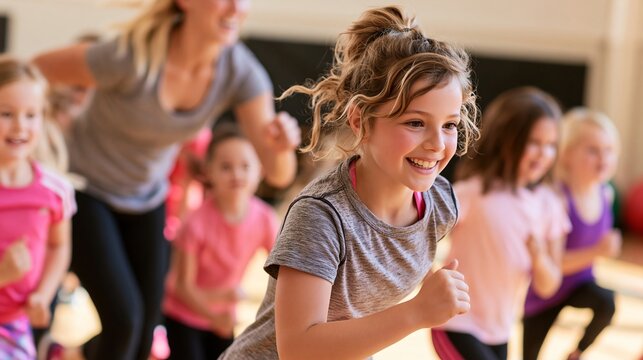 Group of happy children running during an indoor physical education class with an instructor