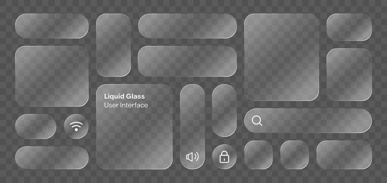 Liquid glass user interface elements, frosted glass buttons and panels vector set for smartphone app design, modern transparent UI components