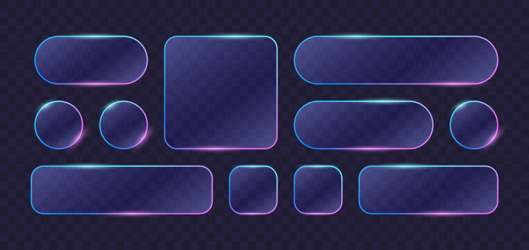 Liquid glass smartphone interface elements with translucent shapes, glowing neon borders, modern frosted buttons, and glossy panels on dark grid