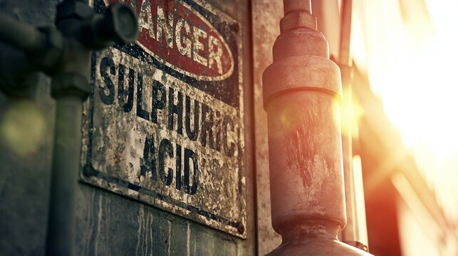Weathered industrial warning sign displaying DANGER SULPHURIC ACID on a corroded metal wall with pipes and strong sun flare