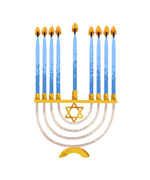 Hanukkah candelabra, menorah, Jewish holiday poster, card. Menora with candles, Star of David, Hebrew candlestick for religious Hanuka light. Flat vector illustration isolated on white background