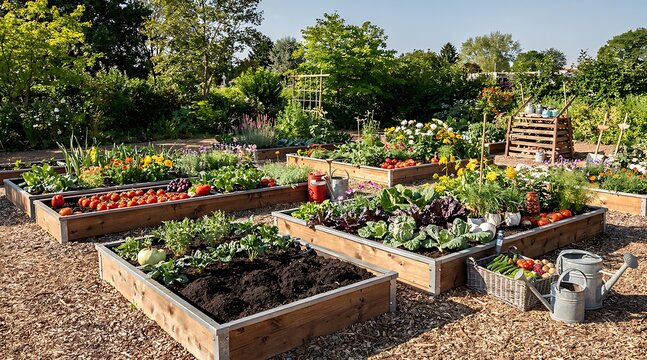 Beautiful organic vegetable garden with lush raised wooden beds growing tomatoes, greens, and vibrant flowers, featuring gardening tools and harvested produce in a sunny outdoor backyard setting.