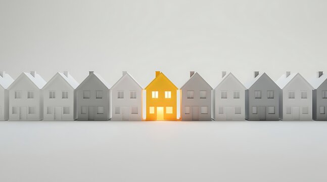 A single glowing yellow house stands out among a row of white identical houses on a clean background, symbolizing uniqueness, real estate opportunity, and finding a dream home in a crowded market.