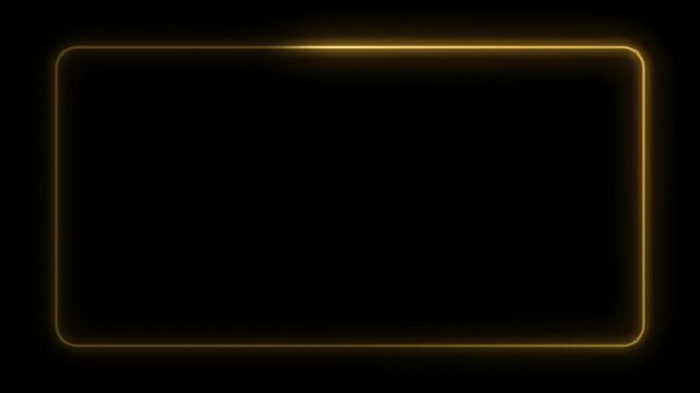 Gold neon rounded rectangle frame on black background with glowing light running around the border, seamless loop for new year celebration titles and widescreen overlay in 4K
