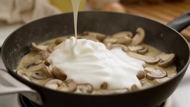 Thick white sauce pours into a black frying pan filled with sliced mushrooms, steadily spreading across the simmering mixture in close kitchen view under warm light