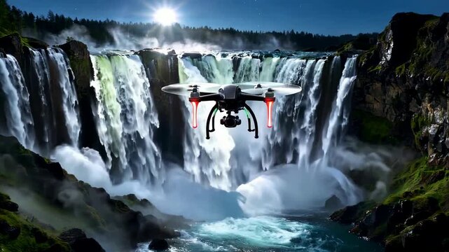 Modern Drone Capturing Stunning Waterfall Scenery.