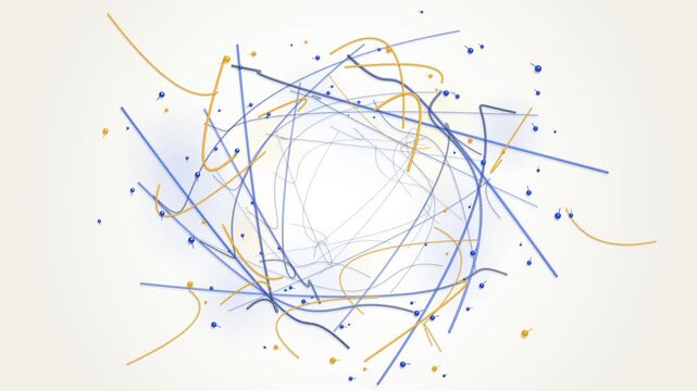 Dynamic Swirling Blue And Gold Lines Forming A Spinning Geometric Vortex With Floating Particles On A White Background