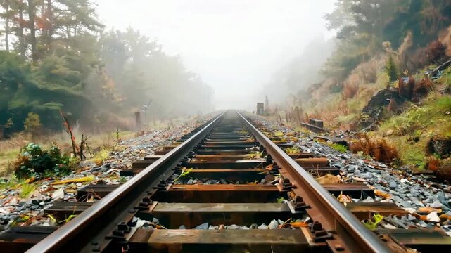 Polluted Railroad Tracks in Misty Forest.