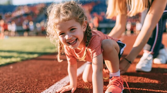 Happy young girl in a starting position on a running track with an adult helping her get ready