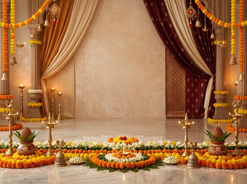 Traditional indian festive background with marigold flowers and lamps