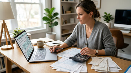 Obraz premium woman working at home with laptop and documents on a bright desk in a modern living space