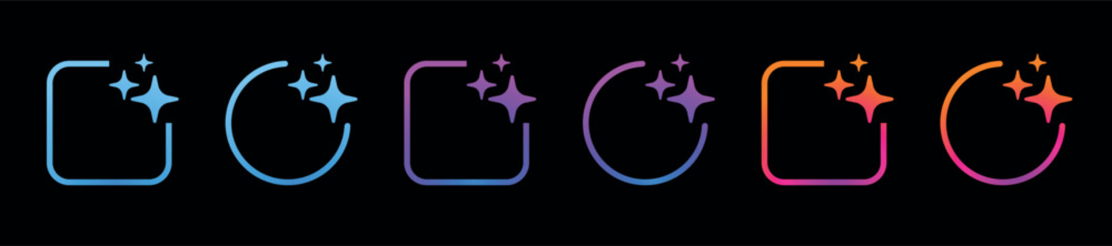 Vibrant gradient sparkle outline icons combine rounded square and circle frames with glowing star symbols ideal for photo filters, image enhancement, magic effects, editing tools and app interfaces UI
