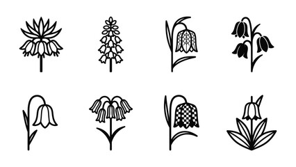 Obraz premium Set of Flower Iconography: A collection of eight elegant black and white line art icons depicting various blooming flowers, each with a unique silhouette and petal design.