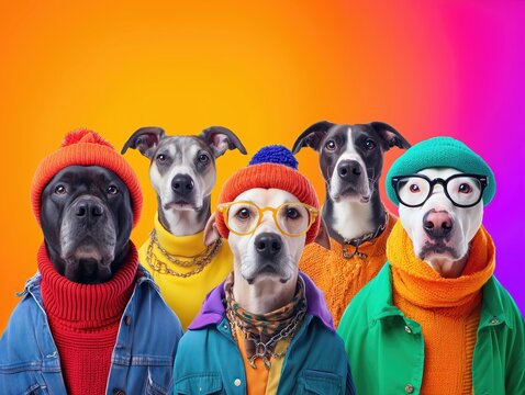 stylish dogs in colorful outfits against vibrant background