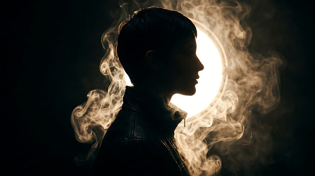Person silhouette profile against a circular light source with swirling smoke