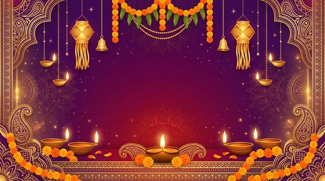 Diwali Festive Celebration Vector Background with Traditional Oil Lamps and Marigold Flowers for Hindu Festival of Lights Cultural Decor