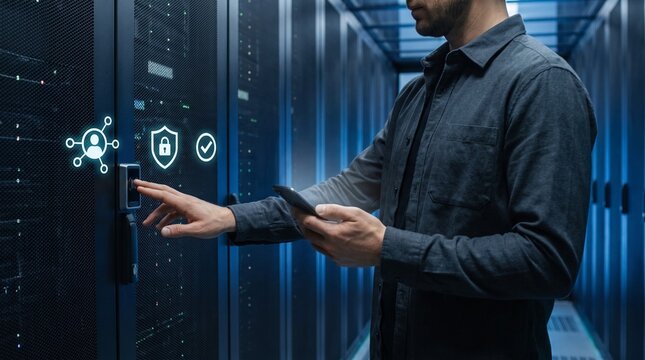 Data center security concept showing an IT administrator using biometric fingerprint authentication to access a secure server rack