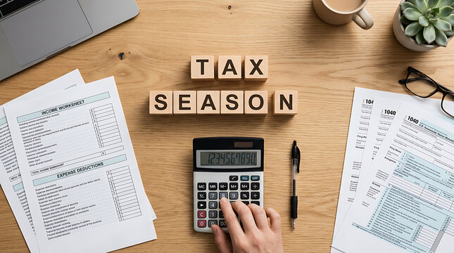 Tax season preparation with documents calculator pens and potted plants on wooden desk for financial planning and organization
