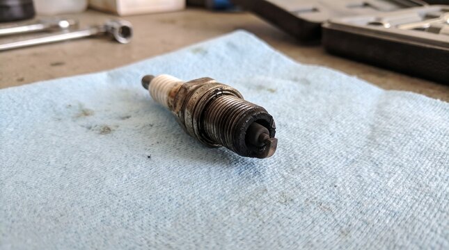 A close-up of a dirty spark plug resting on a blue cloth amidst mechanic tools.