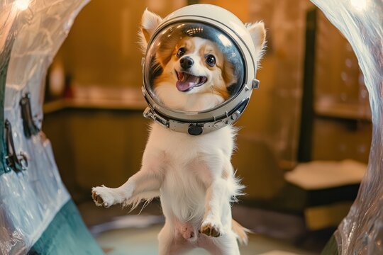 Funny corgi dog standing on hind legs wearing astronaut helmet indoors