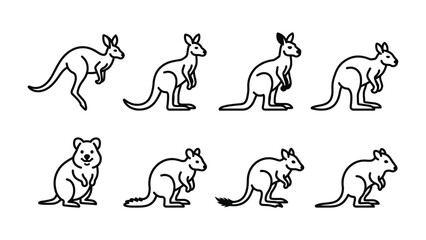 Fototapeta premium Kangaroo and Quokka Icons: A collection of black and white line art icons showcasing various poses of kangaroos and a smiling quokka, perfect for representing Australia or wildlife themes.