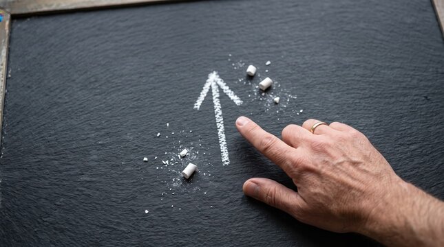 Hand pointing to white chalk arrow drawn on dark slate blackboard, symbolizing growth, success, and upward business strategy direction with scattered chalk pieces nearby.