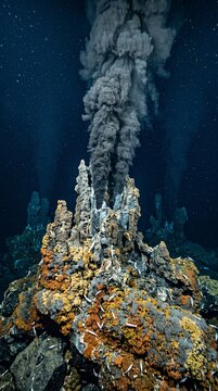 Deep Sea Hydrothermal Vent Emitting Black Smoke with Marine Life