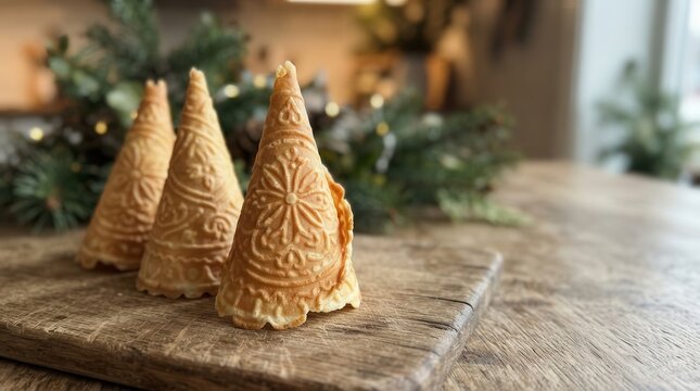 Scandinavian Krumkake Wafer Cookies on Rustic Wooden Board
