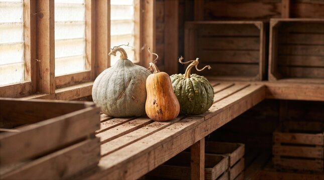 Harvested winter squash stored in wooden shed