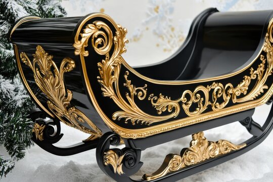 Elegant black and gold sleigh with ornate details for holiday seasonal decor items