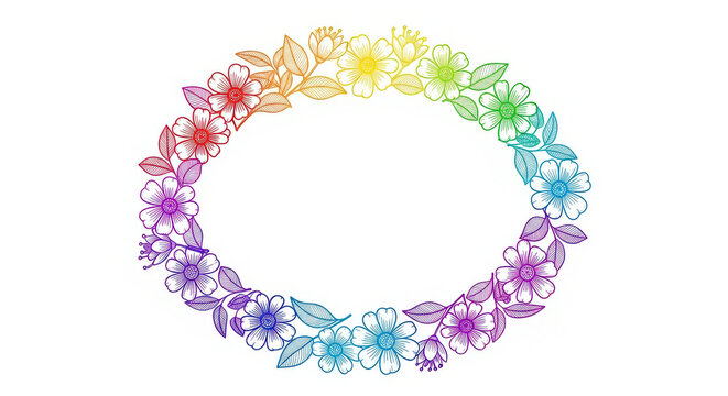 A beautiful oval frame composed of delicate line art flowers and leaves, featuring a seamless rainbow color gradient transition that circles the perimeter against a clean, crisp white background area.