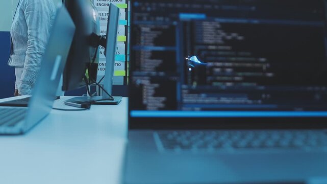 Asian happy woman and man programmer team coding software at computer in dark tech office, Concept of digital transformation, modern cyber security, startup teamwork and future IT digital network