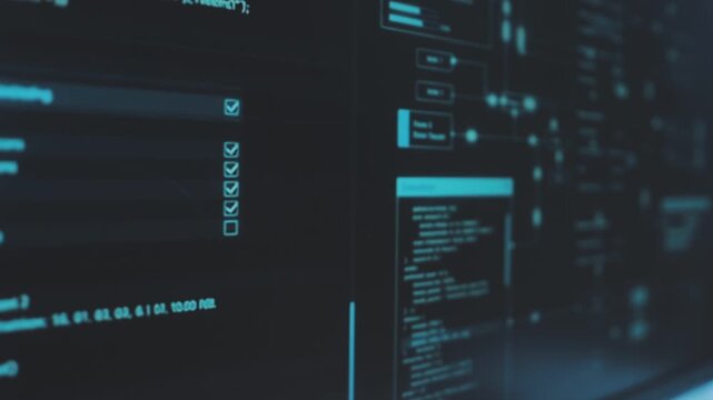 Asian happy woman and man programmer team coding software at computer in dark tech office, Concept of digital transformation, modern cyber security, startup teamwork and future IT digital network