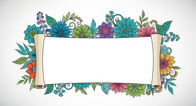A hand-drawn illustration featuring an elegant beige parchment scroll centered amidst a vibrant collection of colorful flowers and lush green leaves, creating a beautiful decorative botanical border.