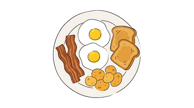 Hand drawn illustration of a western breakfast plate with eggs bacon and toast
