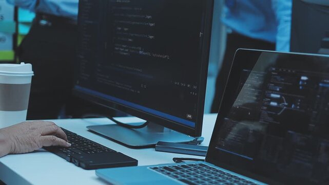 Asian happy woman and man programmer team coding software at computer in dark tech office, Concept of digital transformation, modern cyber security, startup teamwork and future IT digital network