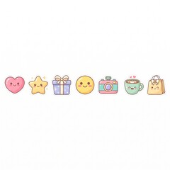 Fototapeta premium Cute kawaii sticker set, heart, star, gift box, smiley face, camera, coffee cup, and shopping bag vector icons
