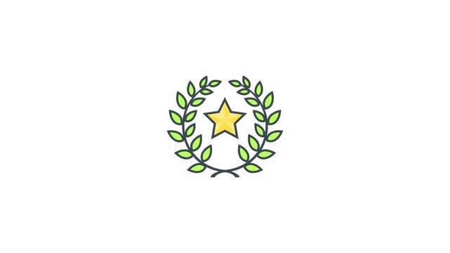A hand drawn animated golden star inside a green laurel wreath icon.