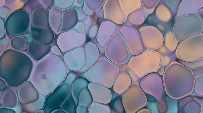 Abstract liquid cell texture, iridescent organic bubble pattern in purple and teal, fluid macro background with soft metallic sheen and biological shapes