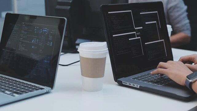 Asian happy woman and man programmer team coding software at computer in dark tech office, Concept of digital transformation, modern cyber security, startup teamwork and future IT digital network