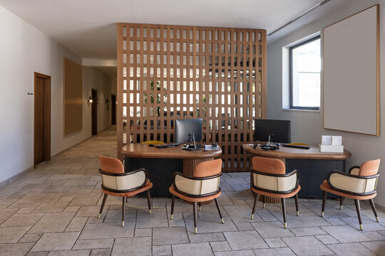 Hotel reception office area with wooden partition screen and chairs